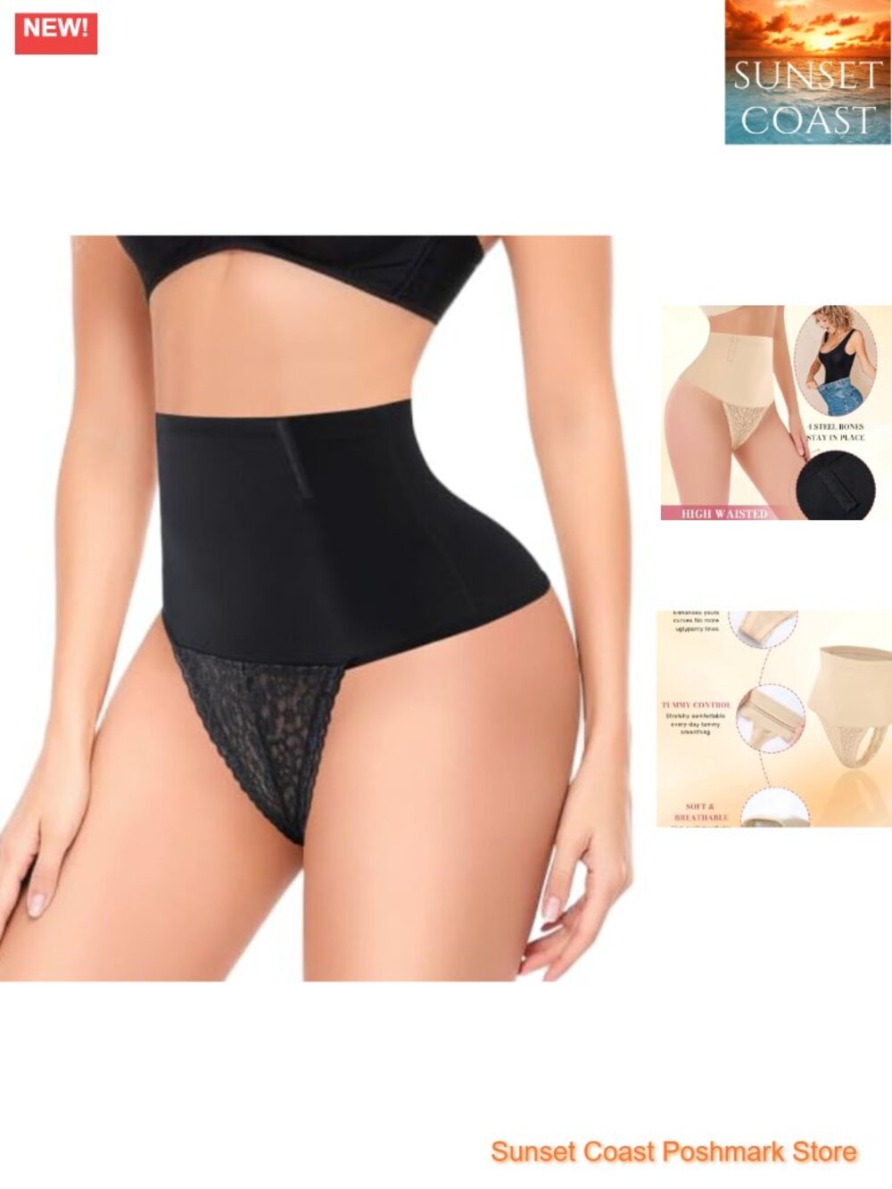 High Waisted Tummy Control Thong Shapewear Seamless Lace Shaping Panty